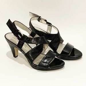 Anne Klein Strappy Black Faux Leather Buckle Heel Silver Buckle